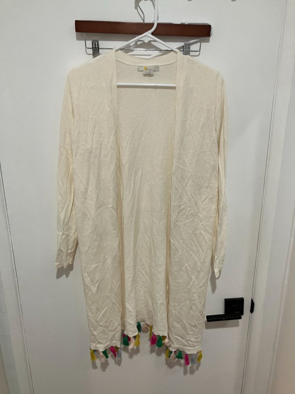 Boden Cotton Linen Blend Open Front Cardigan Sweater Cream Fringe Tassel Sz 8
